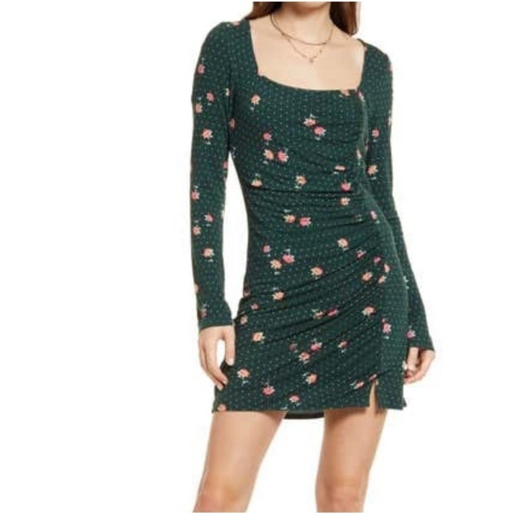 Free People Celia Emerald Green Floral Long Sleeve Mini Dress Size XS Boho Fall